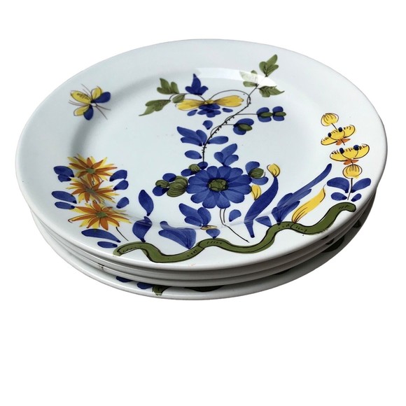 Vintage Italy 4 Hand Painted Salad / Dessert Plates Blue Yellow Floral Insect - Picture 2 of 6